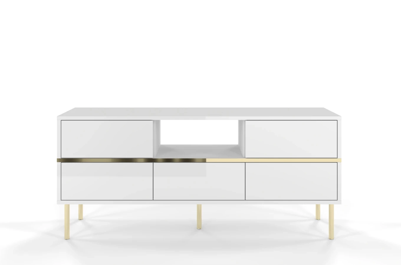 Elegancka biała komoda RTV Dancan MARIKA ze złotymi dodatkami / szer. 137,5 cm