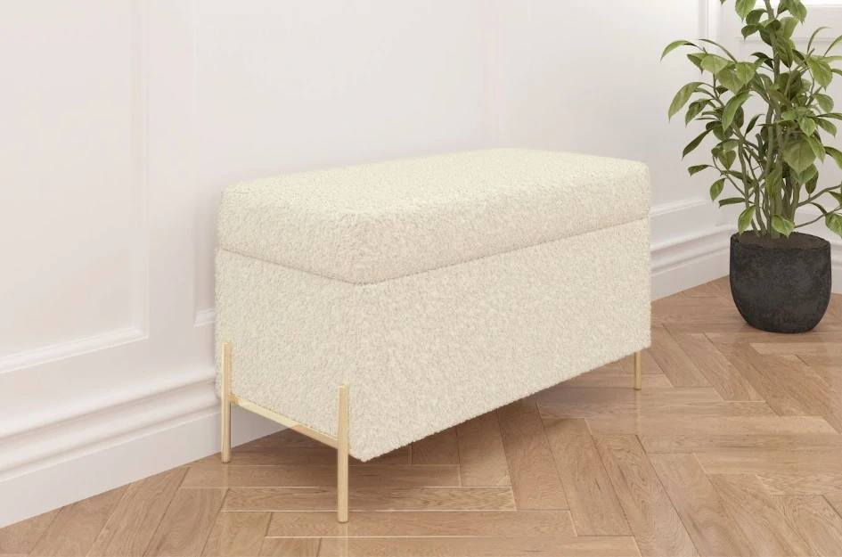 Tapicerowana ławka Dancan BORGO w tkaninie boucle z pojemnikiem, na złotych metalowych nogach