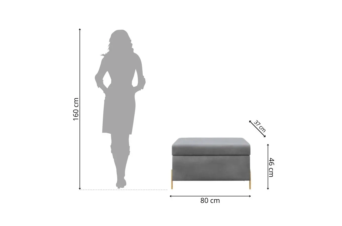 Jasnoszara tapicerowana ławka Dancan BORGO z pojemnikiem, na złotych metalowych nogach