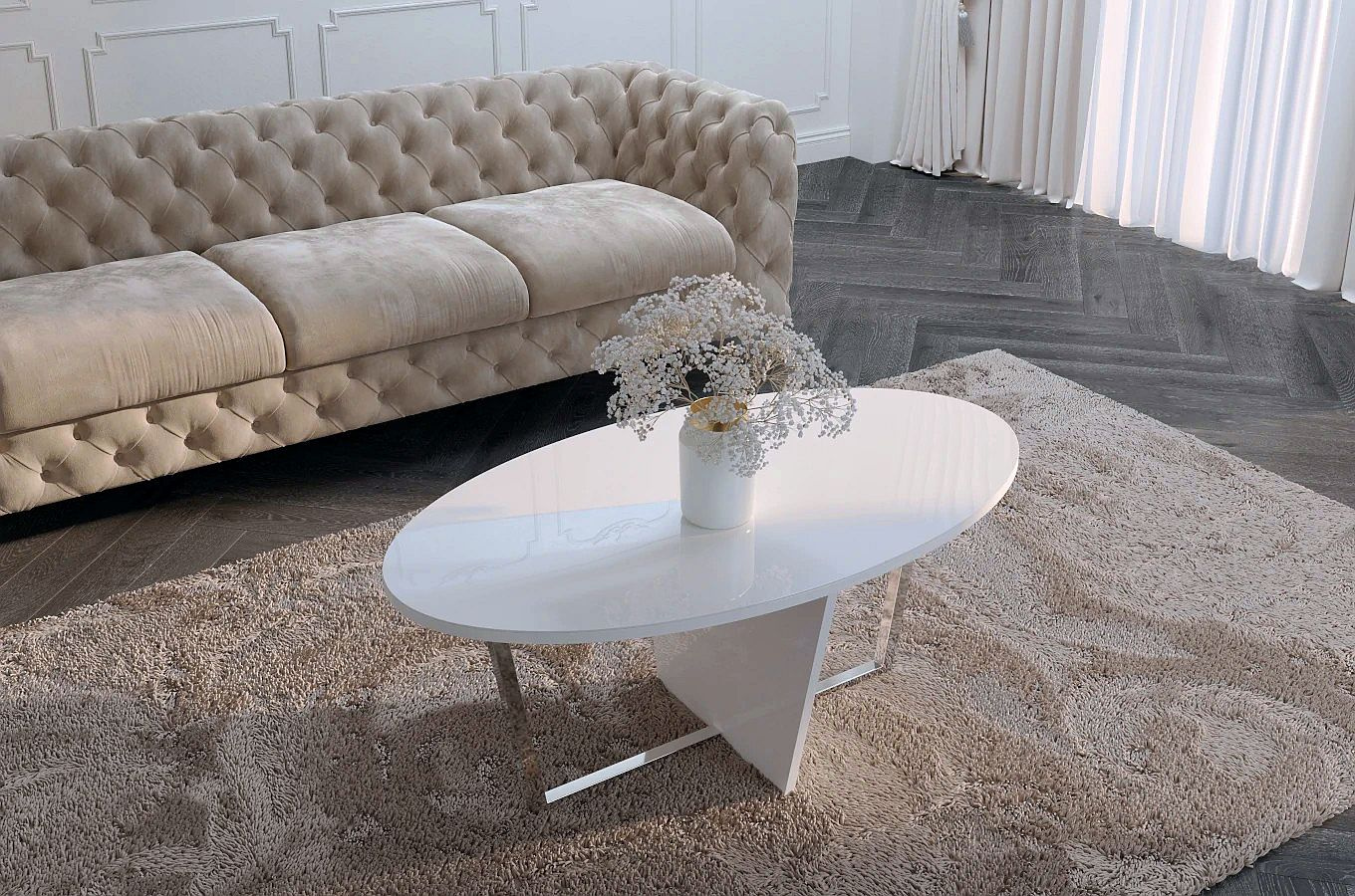 Biały stolik kawowy Dancan ROCKET z białym szklanym blatem i srebrną nogą