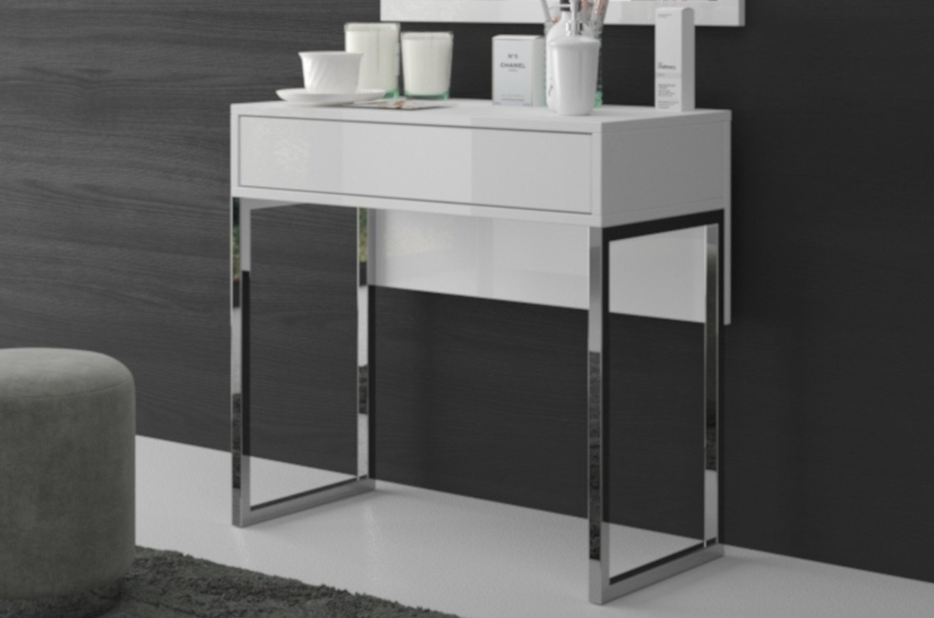 Biała nowoczesna toaletka Dancan EVA ze srebrnym stelażem