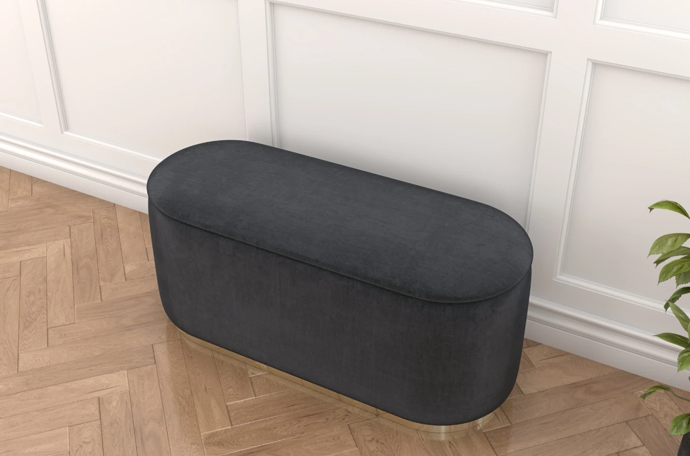 Szary owalny puf ze schowkiem Dancan SCARLETT na złotej podstawie