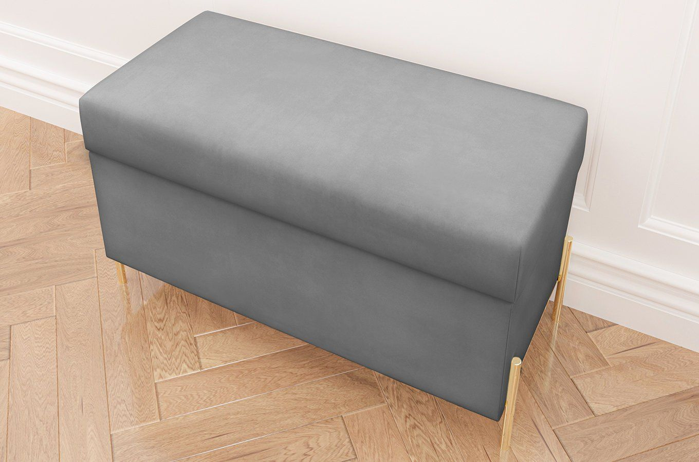 Jasnoszara tapicerowana ławka Dancan BORGO z pojemnikiem, na złotych metalowych nogach