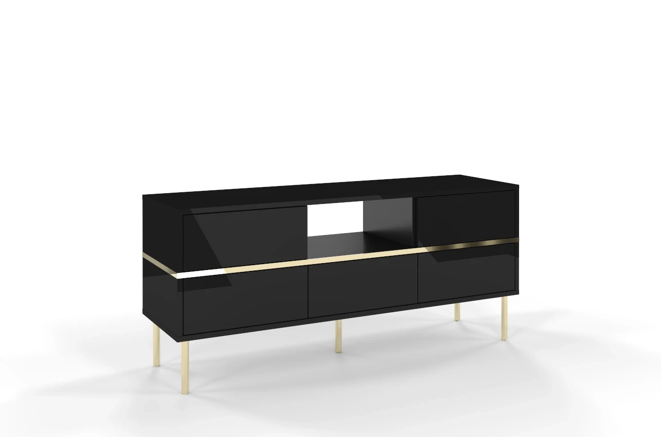 Elegancka czarna komoda RTV Dancan MARIKA ze złotymi dodatkami / szer. 137,5 cm