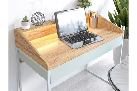 Nowoczesne biurko Dancan FINKA z oświetleniem / blat Jesion Górski + szuflada Pastel Green + stelaż szary / 110x56 cm