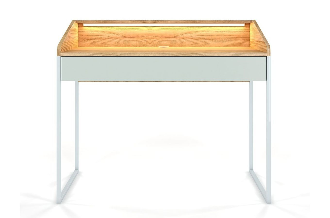 Nowoczesne biurko Dancan FINKA z oświetleniem / blat Jesion Górski + szuflada Pastel Green + stelaż szary / 110x56 cm