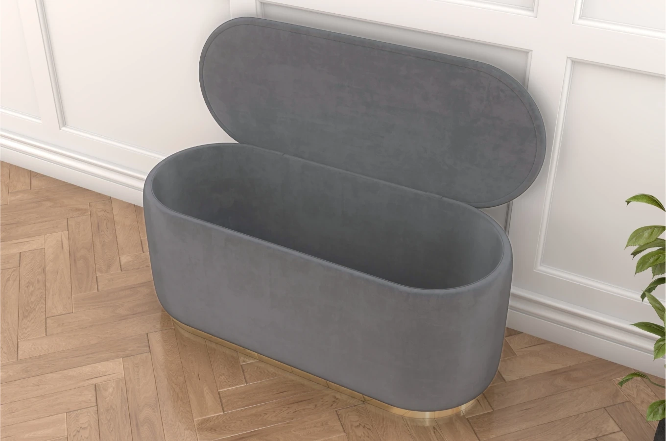 Jasnoszary owalny puf ze schowkiem Dancan SCARLETT na złotej podstawie