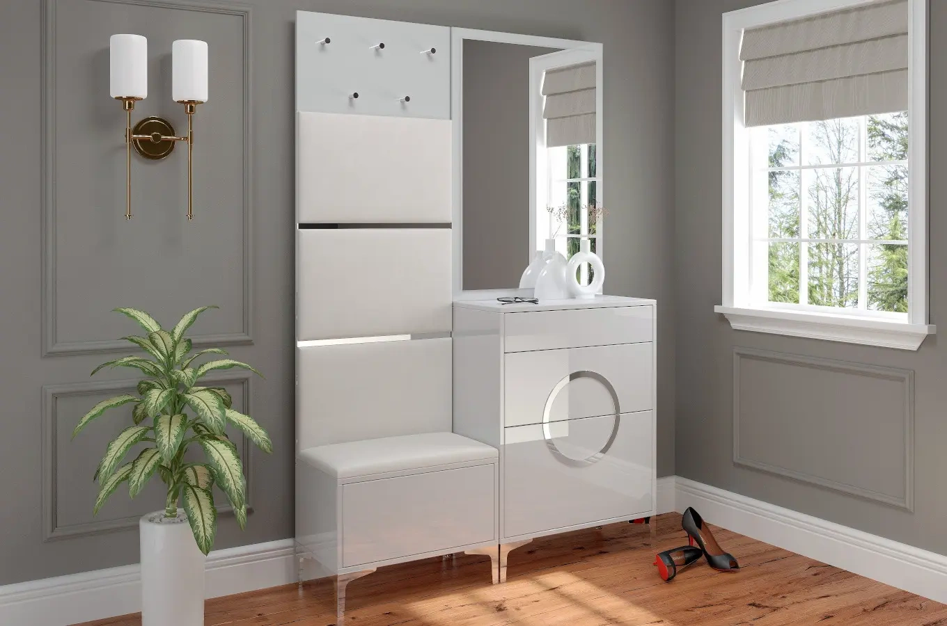 Biało-srebrna komoda Dancan EVELINE wysoki połysk / szer. 70 cm