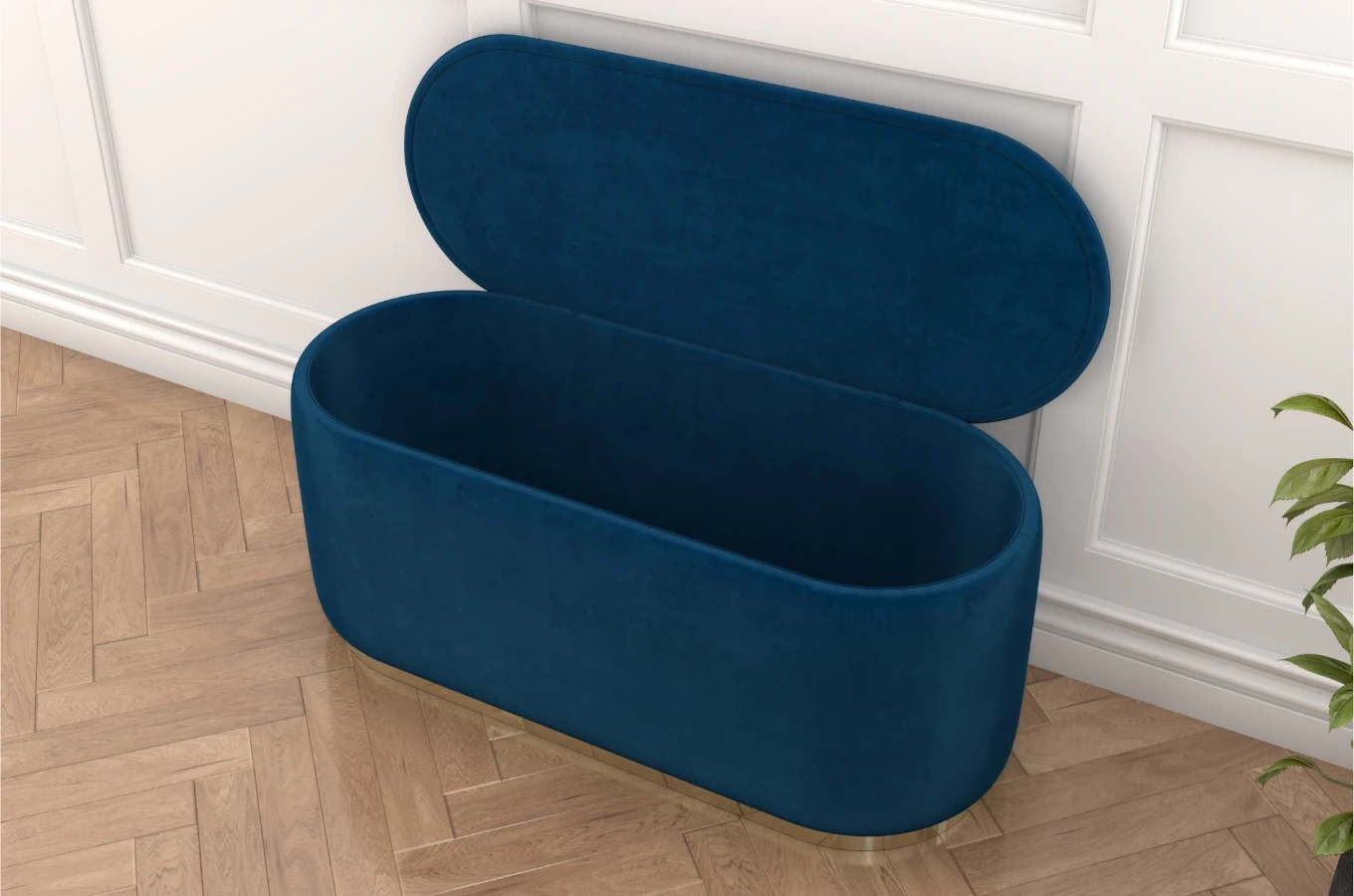Granatowy owalny puf ze schowkiem Dancan SCARLETT na złotej podstawie