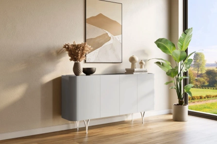 Nowoczesna szara komoda Dancan MONZA ze srebrnymi nóżkami / szer. 160 cm