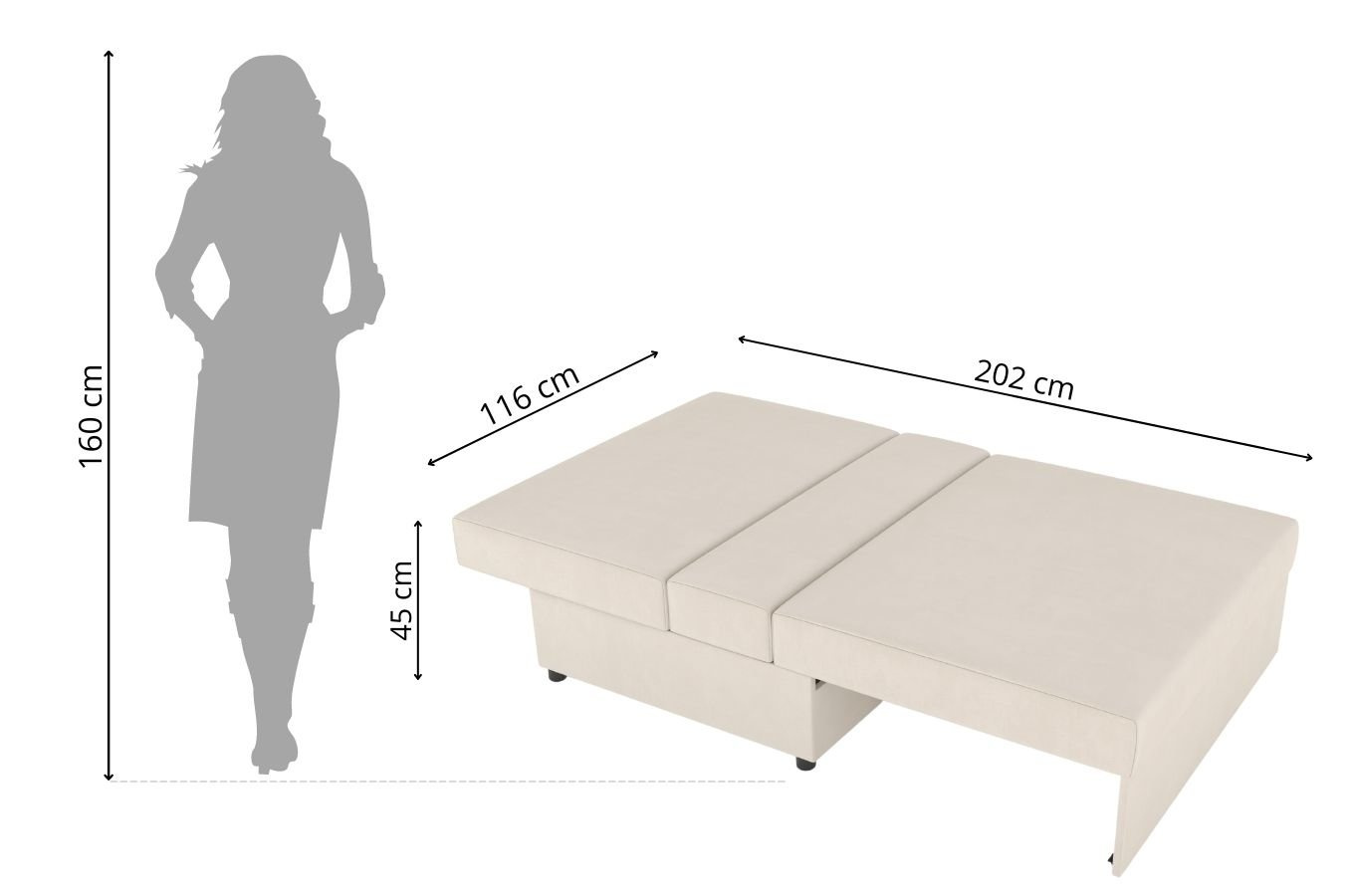 Beżowa rozkładana sofa Dancan OLGA z funkcją spania i pojemnikiem na pościel / szerokość 116 cm