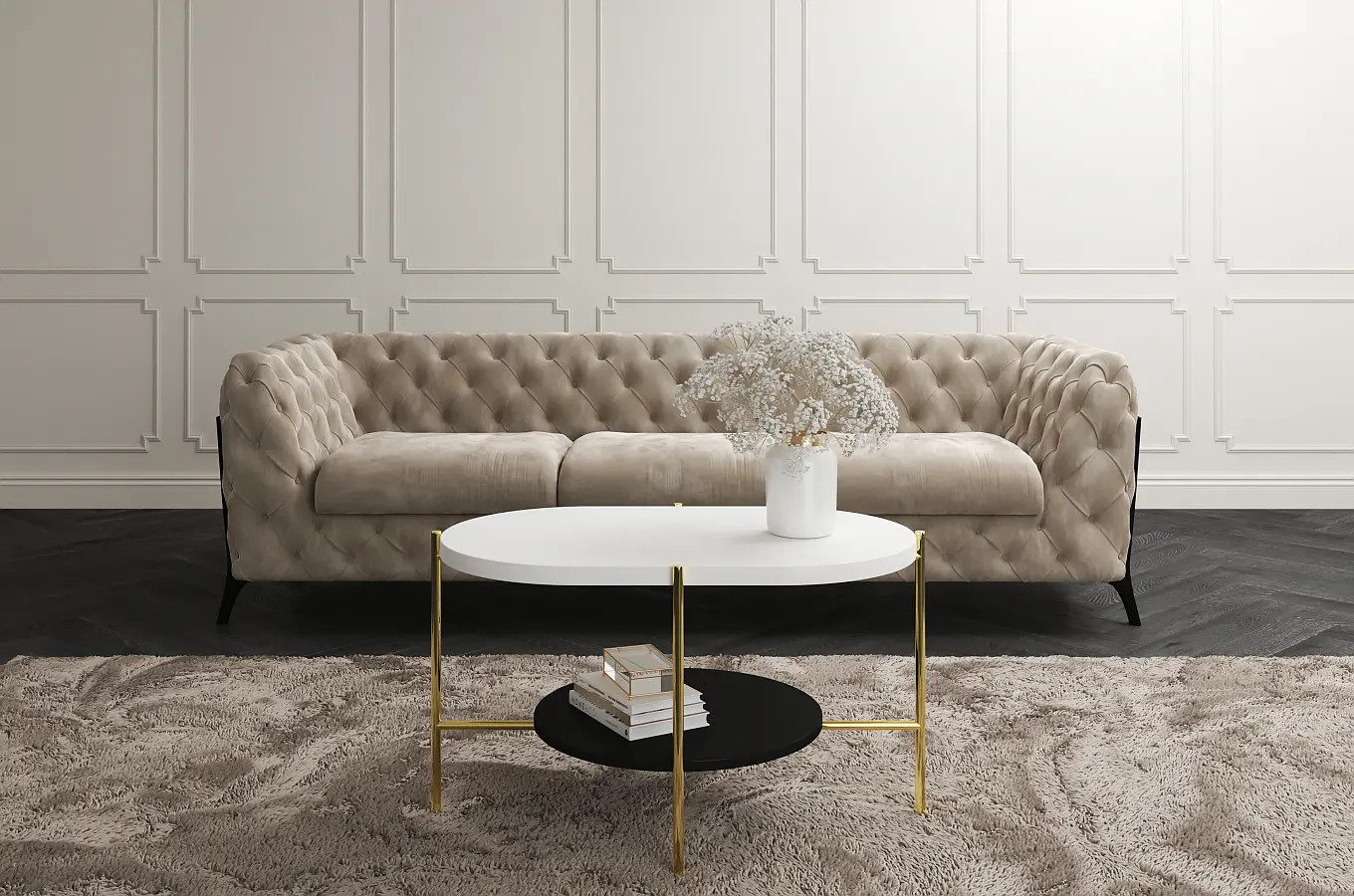 Nowoczesny stolik kawowy Dancan ARENA / złota podstawa + biały i czarny blat