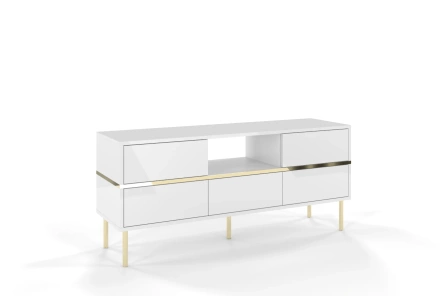 Elegancka biała komoda RTV Dancan MARIKA ze złotymi dodatkami / szer. 137,5 cm