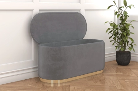 Jasnoszary owalny puf ze schowkiem Dancan SCARLETT na złotej podstawie