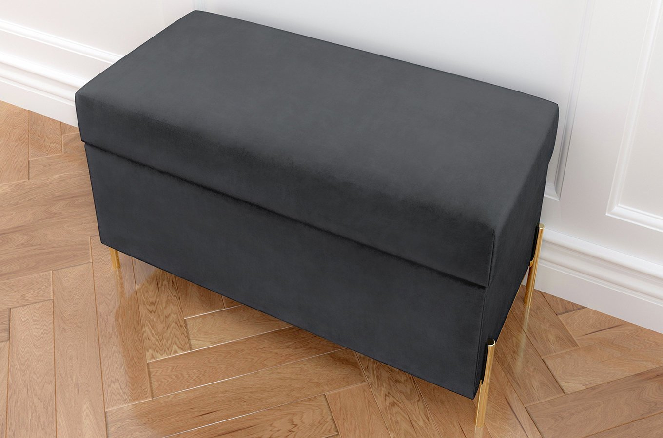 Szara tapicerowana ławka Dancan BORGO z pojemnikiem, na złotych metalowych nogach