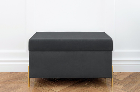 Szara tapicerowana ławka Dancan BORGO z pojemnikiem, na złotych metalowych nogach