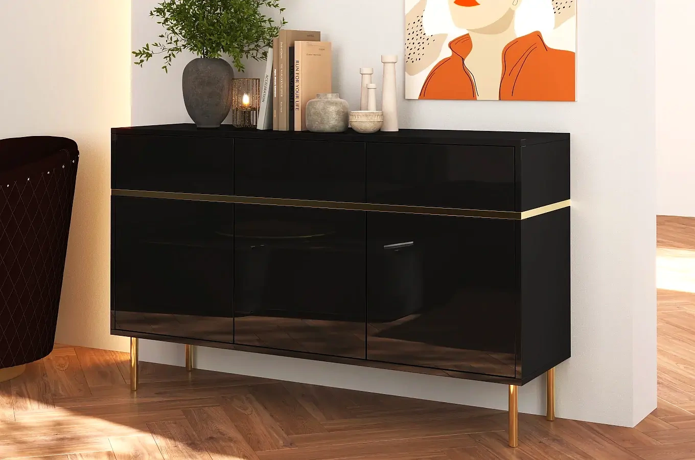 Elegancka czarna komoda Dancan MARIKA ze złotymi dodatkami / szer. 137,5 cm