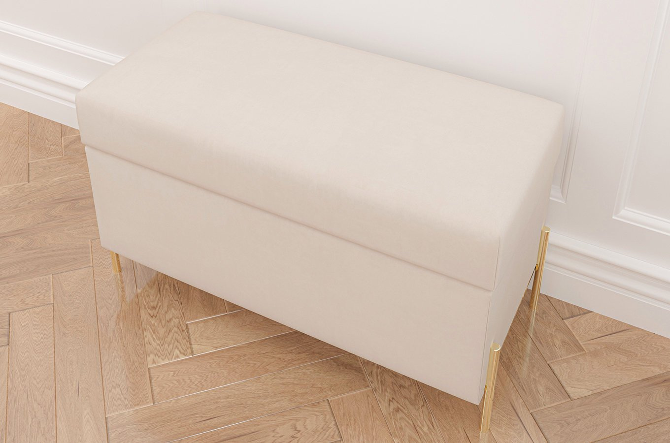 Beżowa tapicerowana ławka Dancan BORGO z pojemnikiem, na złotych metalowych nogach