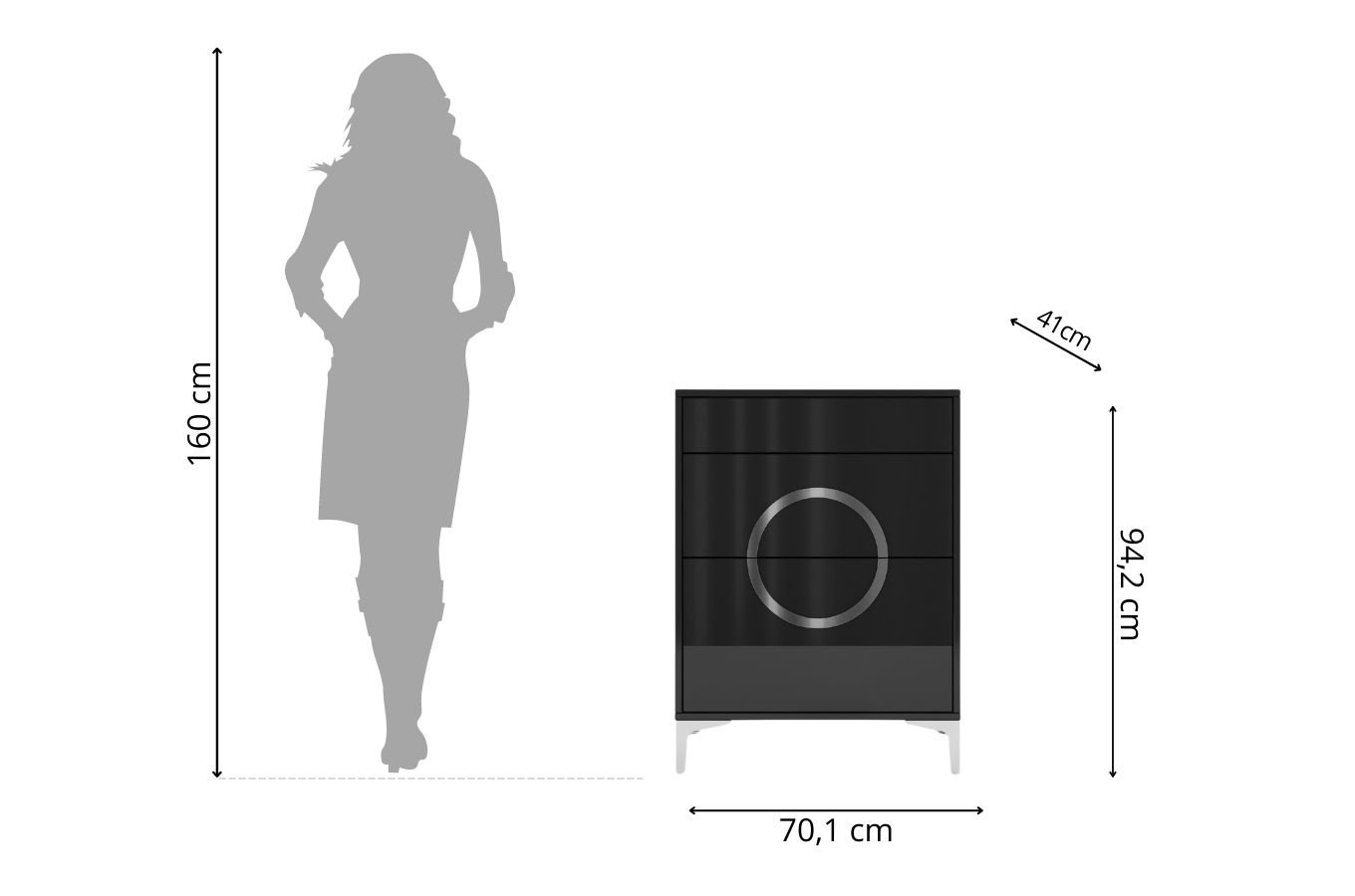 Czarno-srebrna komoda Dancan EVELINE wysoki połysk / szer. 70 cm