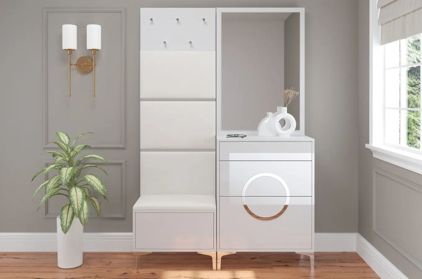 Elegancki, biały zestaw mebli do przedpokoju Dancan EVELINE / wysoki połysk