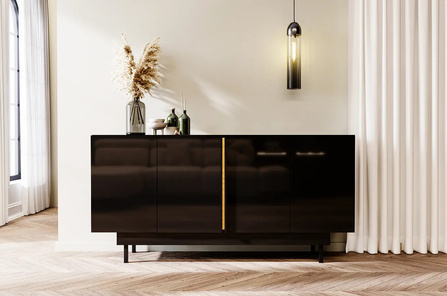 Elegancka czarna komoda Dancan ARTEMISA ze złotymi dodatkami / szer. 163 cm