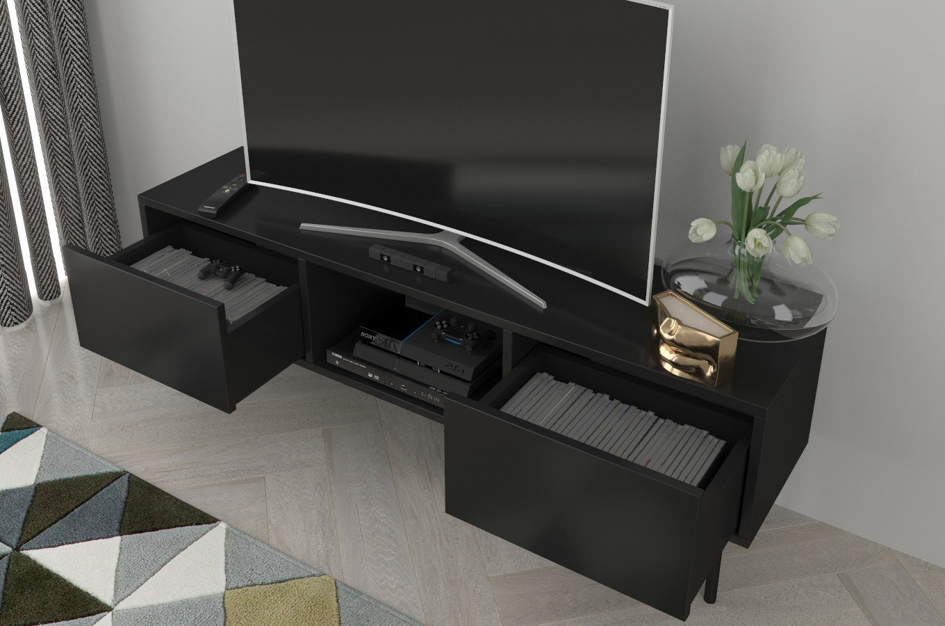 Czarna nowoczesna komoda RTV Dancan MIRKA / szer. 130 cm