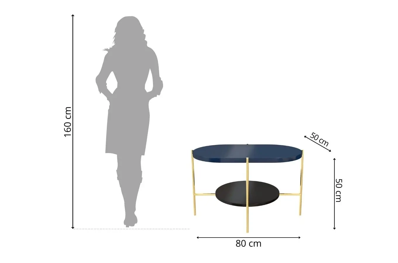 Nowoczesny stolik kawowy Dancan ARENA / złota podstawa + granatowy i czarny blat