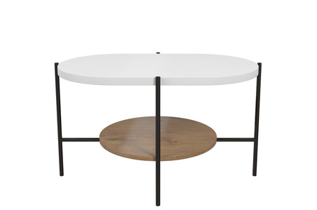 Nowoczesny stolik kawowy Dancan ARENA / czarna podstawa + biały i dębowy blat