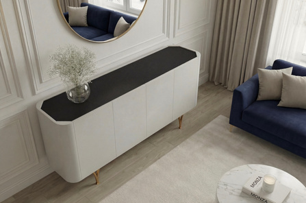 Nowoczesna szara komoda Dancan MONZA ze złotymi nóżkami / szer. 160 cm