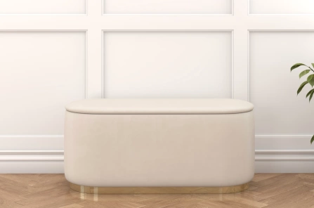 Beżowy owalny puf ze schowkiem Dancan SCARLETT na złotej podstawie