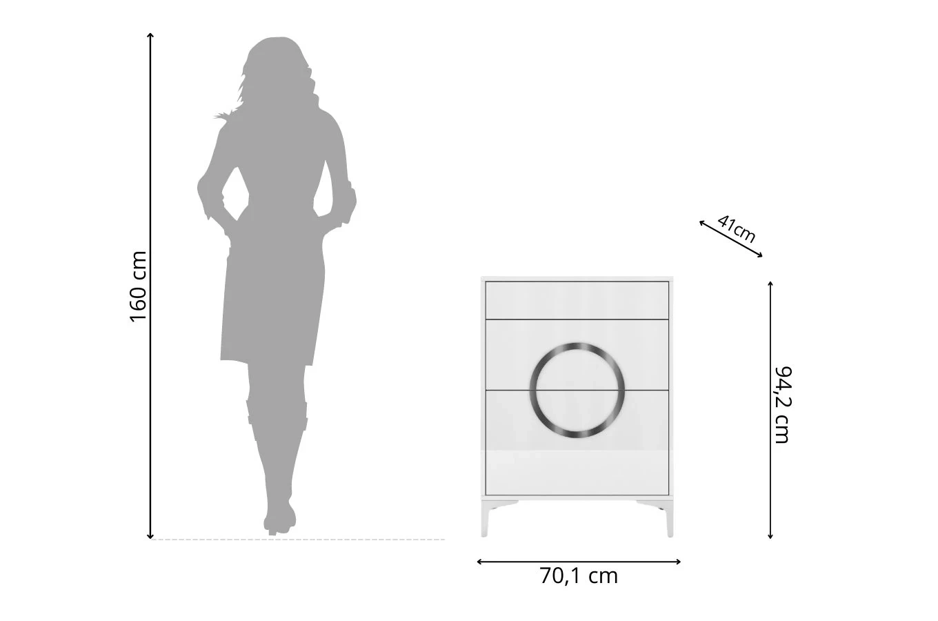 Biało-srebrna komoda Dancan EVELINE wysoki połysk / szer. 70 cm