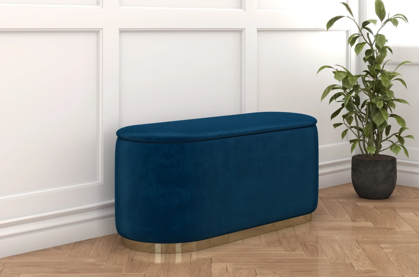 Granatowy owalny puf ze schowkiem Dancan SCARLETT na złotej podstawie