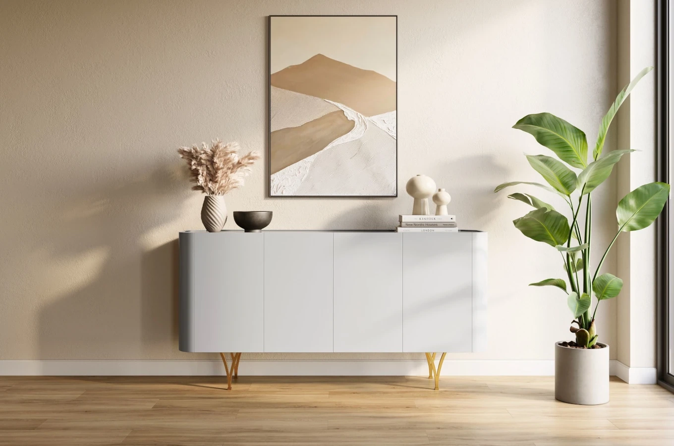 Nowoczesna szara komoda Dancan MONZA ze złotymi nóżkami / szer. 160 cm