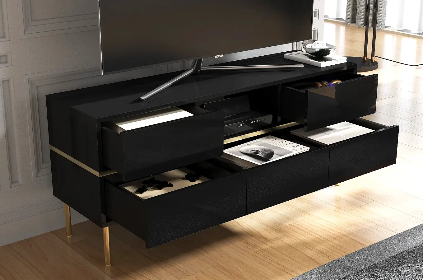 Elegancka czarna komoda RTV Dancan MARIKA ze złotymi dodatkami / szer. 137,5 cm