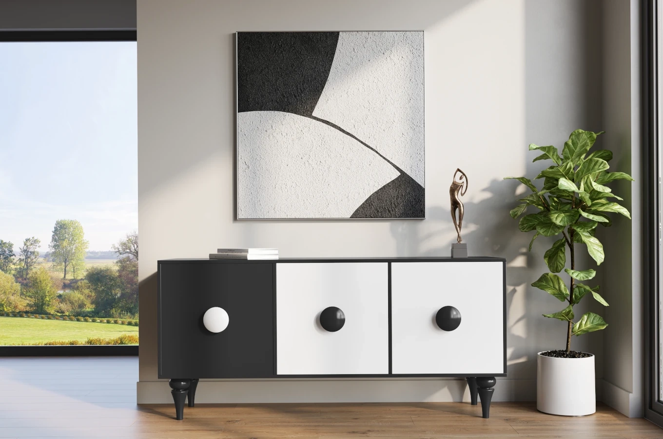 Nowoczesna czarno-biała komoda Dancan PARADIS / szer. 158 cm