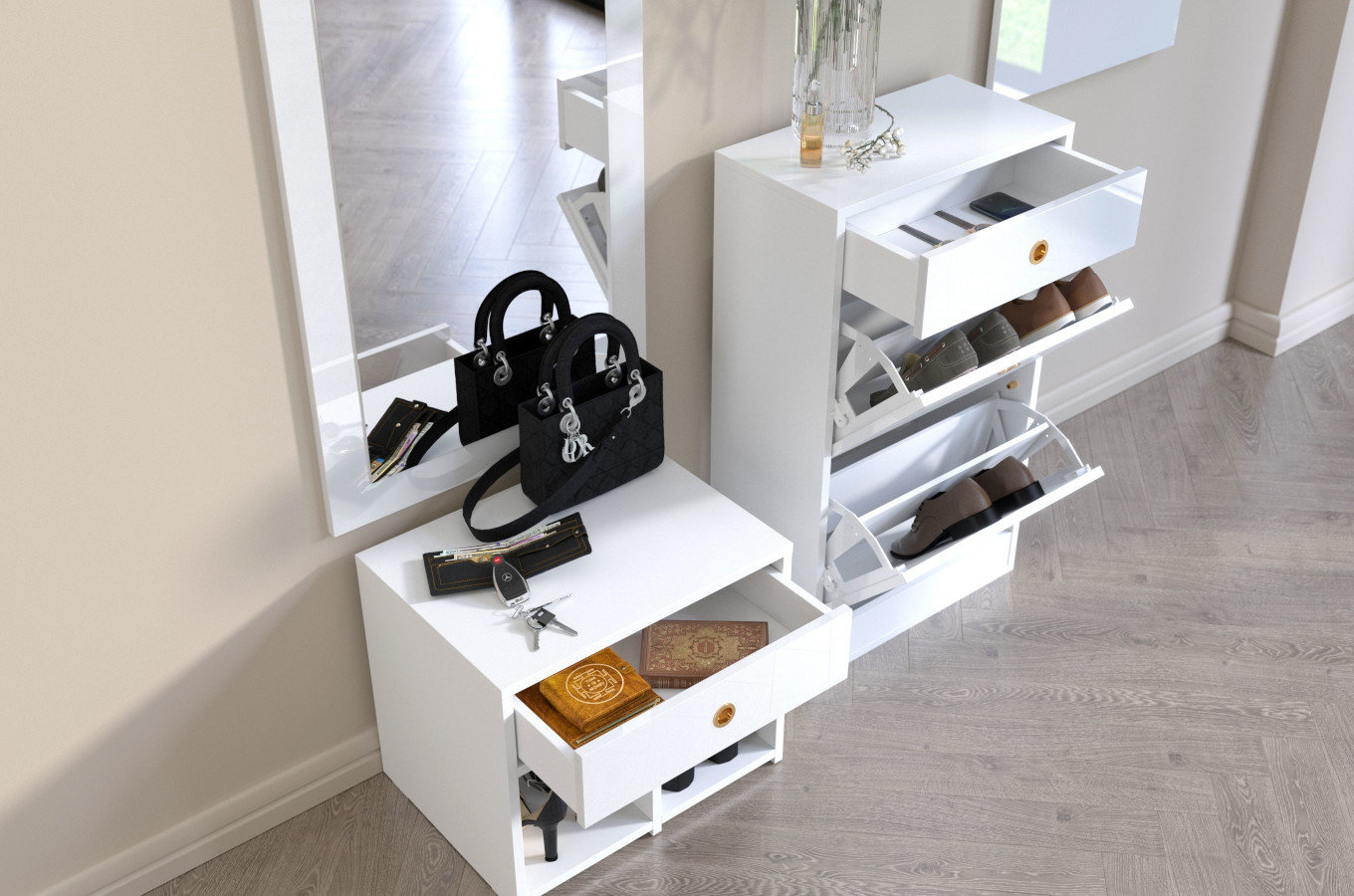 Biała szafka - siedzisko z półkami i szufladą Dancan MIRAGE wysoki połysk / szer. 54 cm