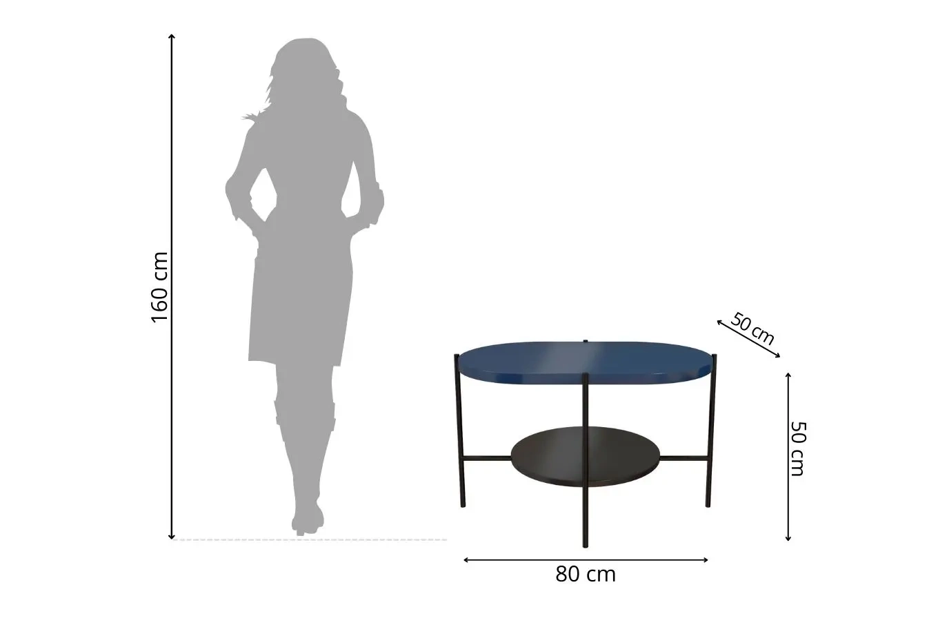 Nowoczesny stolik kawowy Dancan ARENA / czarna podstawa + granatowy i czarny blat
