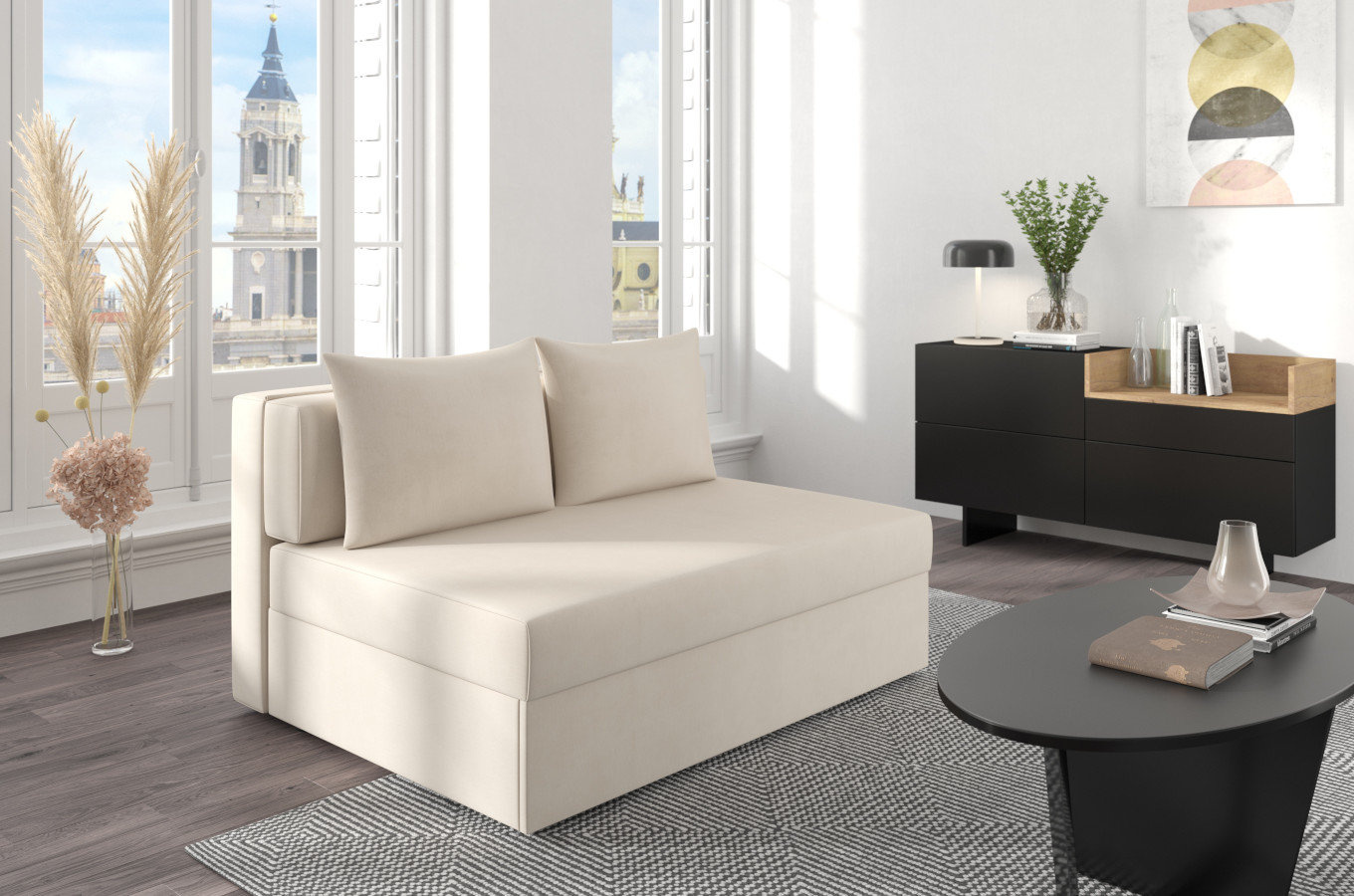 Nowoczesna rozkładana sofa Dancan OLGA z funkcją spania i pojemnikiem na pościel / 4 szerokości + 5 kolorów do wyboru!