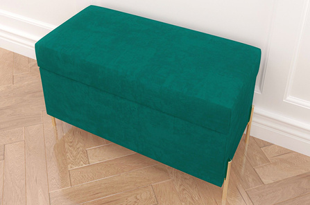 Zielona tapicerowana ławka Dancan BORGO z pojemnikiem, na złotych metalowych nogach